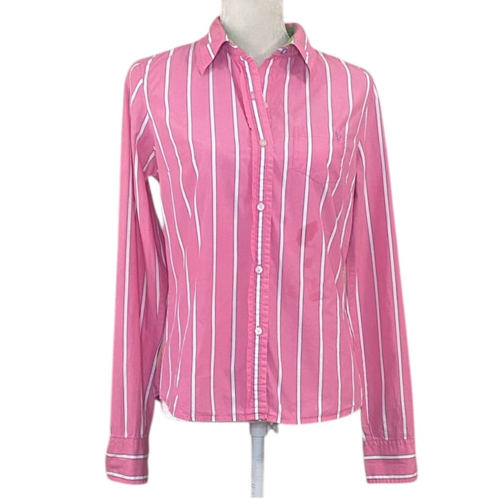 American Eagle Pink Favorite Fit Striped Button Up Shirt Sz 8